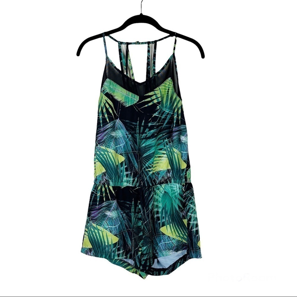 Fabletics Black and Green Tropical Leaf Romper